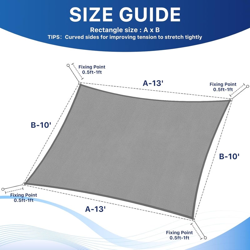 RoomHacks 10'x13' Sun Shade Sail, UV Protection Outdoor Shade, Curved Tear Resistant Heavy Duty Sun Shade for Patio Garden, Backyard, Deck, Car Port, Playground, (Grey) - Image 2